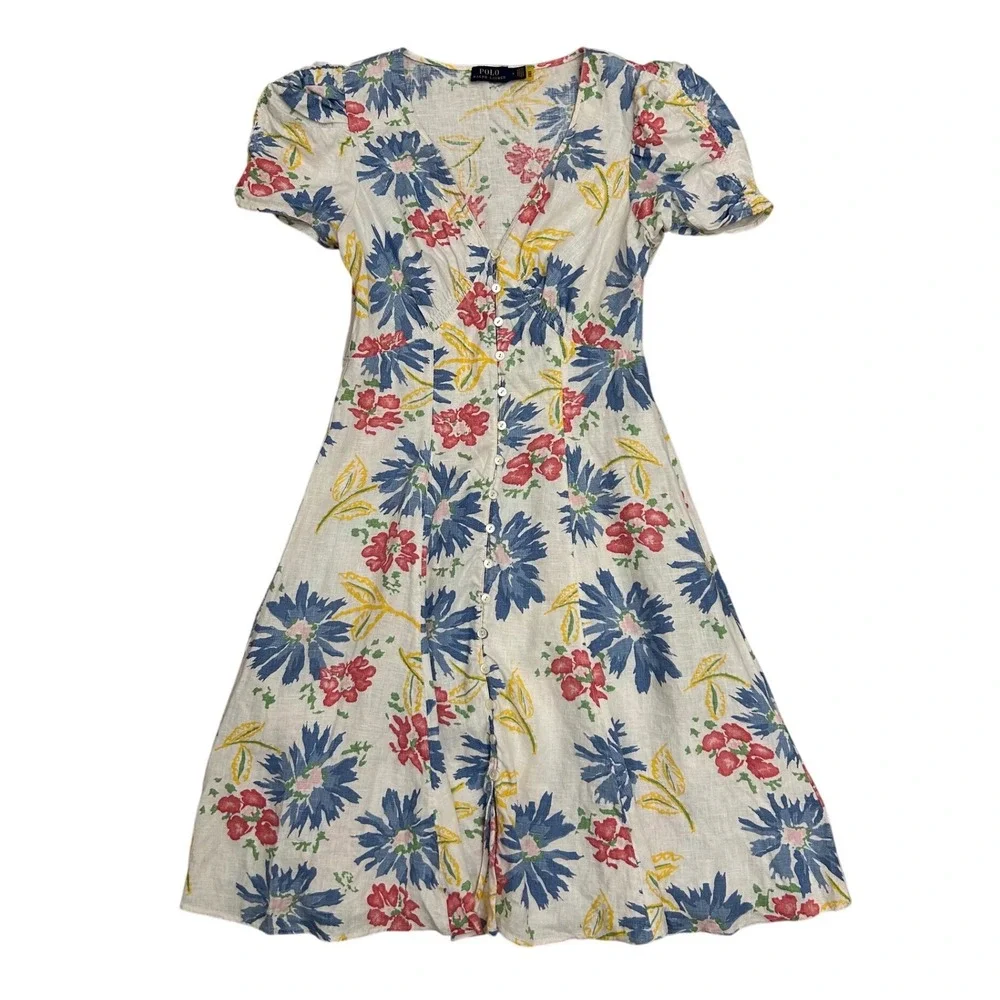 Polo Ralph Lauren Floral Linen Button Front Puff Sleeve Dress White Blue 6 - Picture 3 of 8